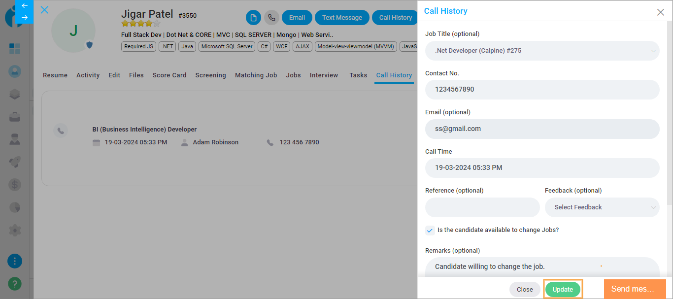 Candidate Call History