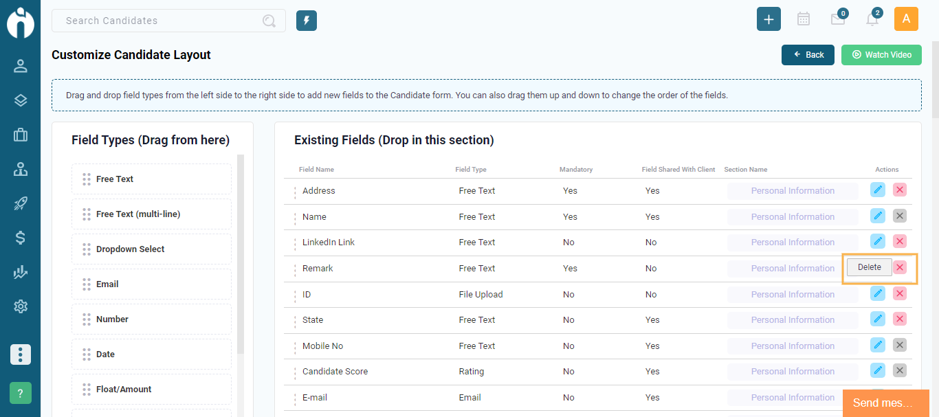 Add/Remove/Reorder Fields in Candidate Form