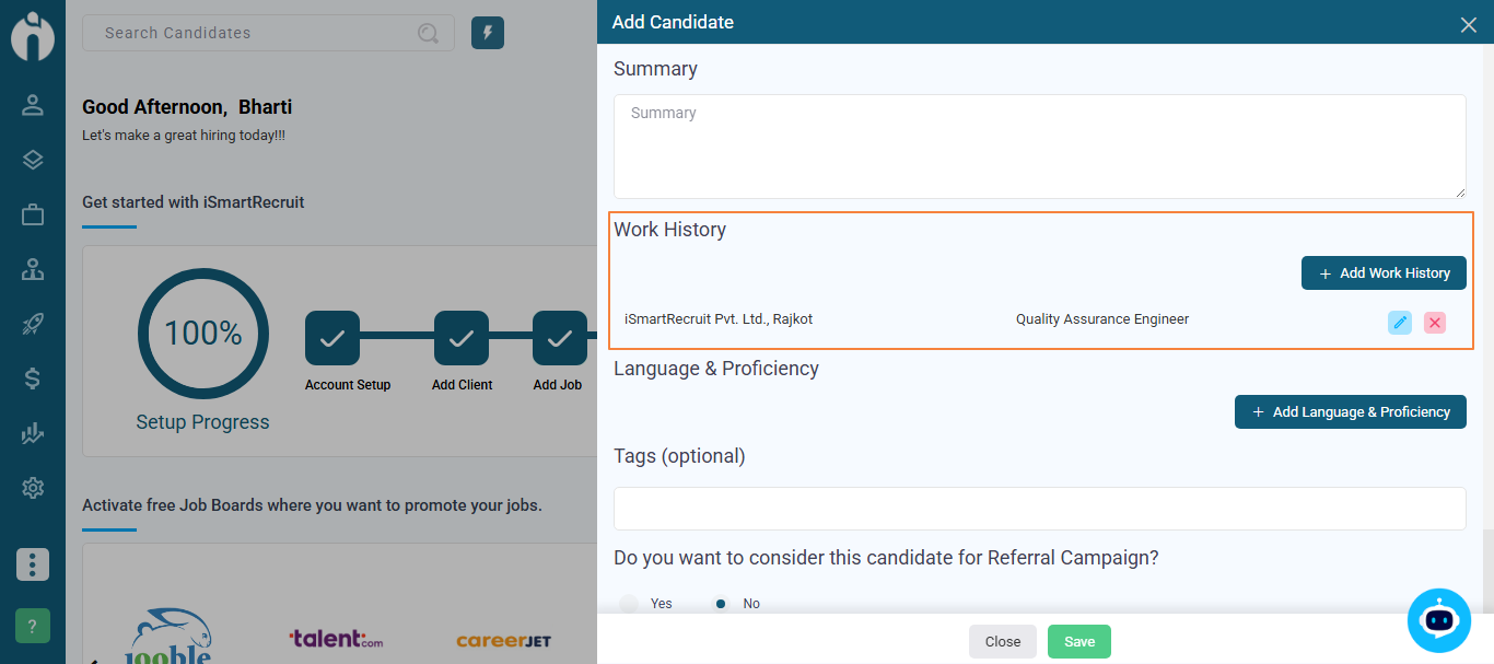 Manage Candidate Work Experience